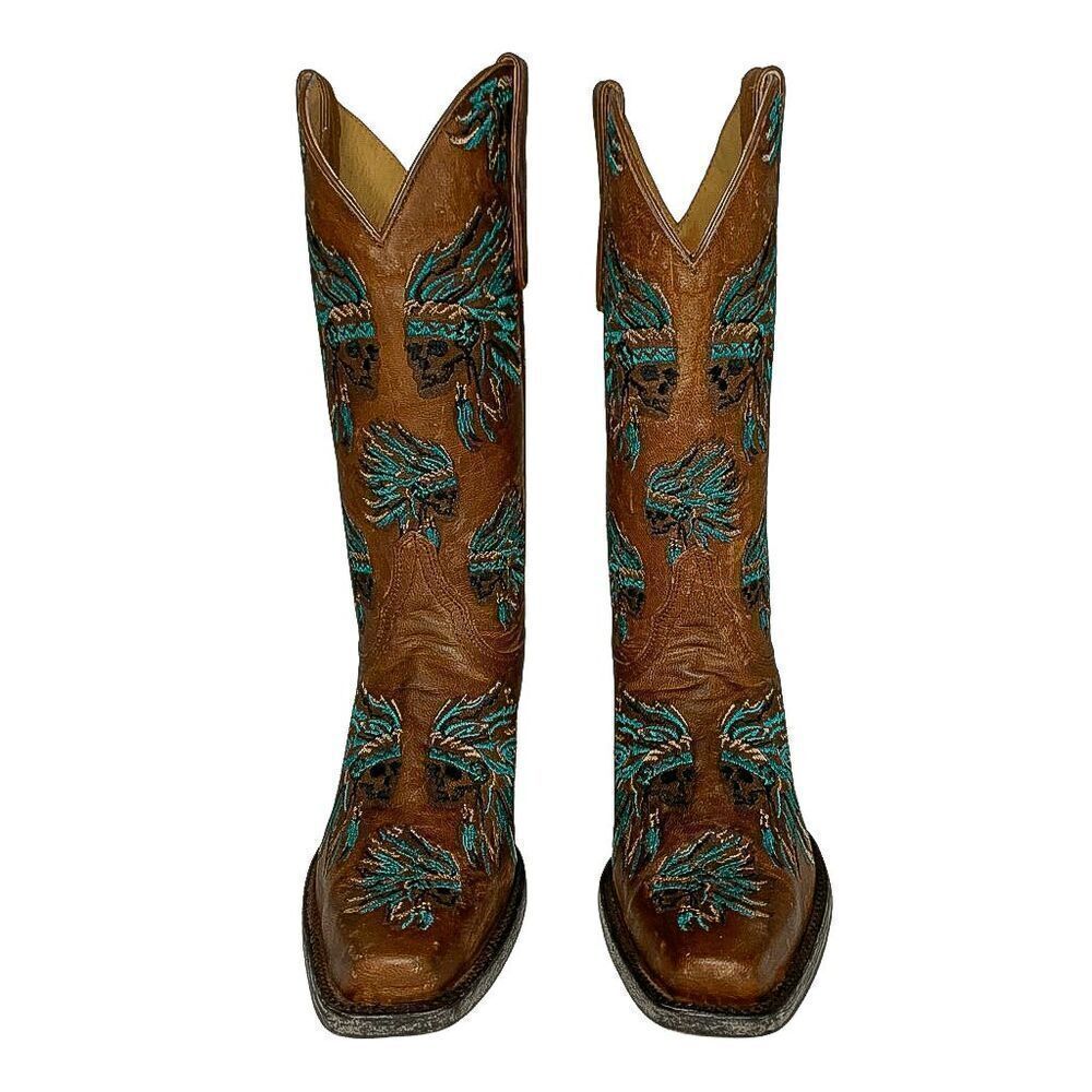 Old Gringo Yippee Ki Yay Cowgirl Boots Leather Skull Headdress Embroidery Size 7 - Picture 2 of 10